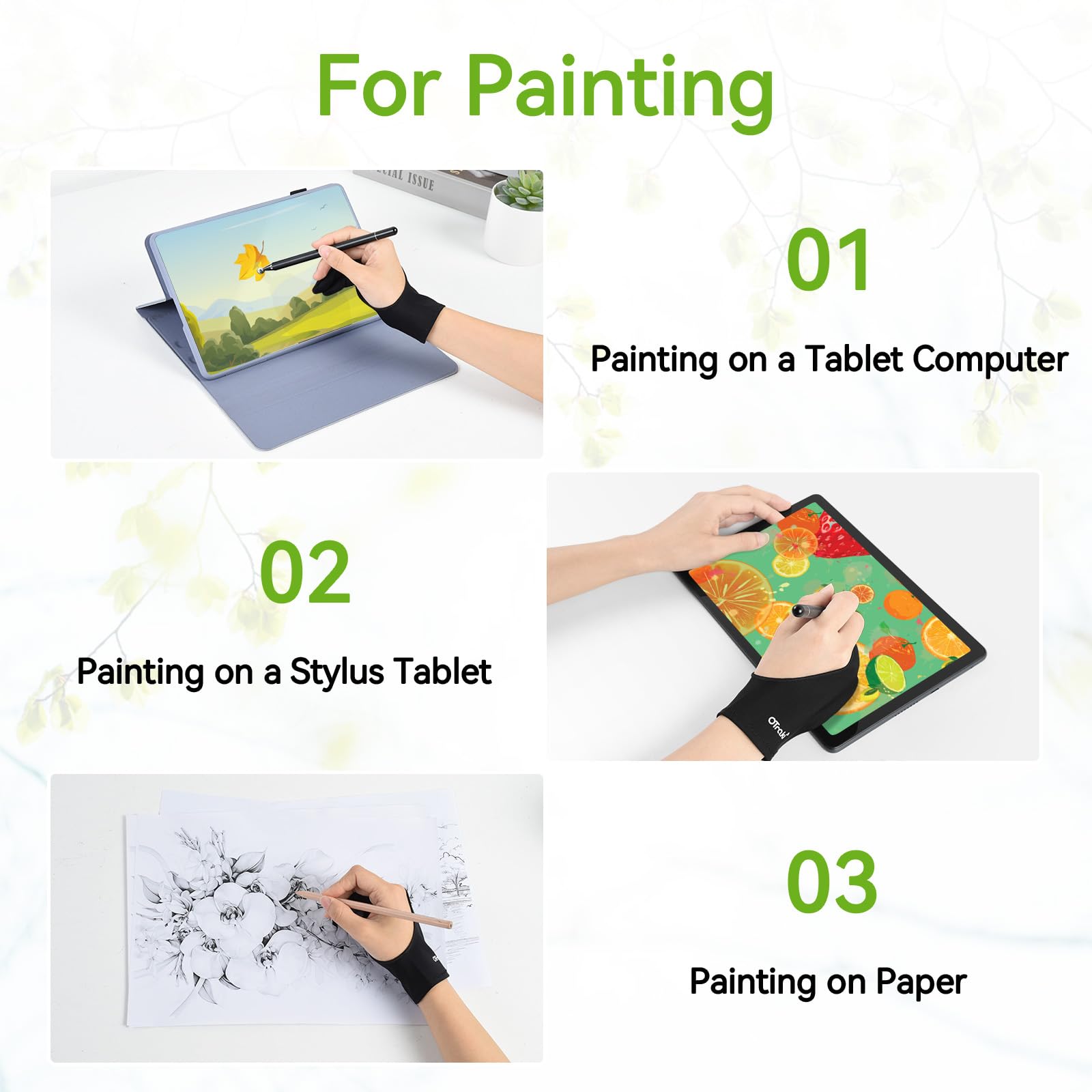 OTraki 4 PCS Guanto Tavoletta Grafica Nero 7.7X20.5cm Guanto per Disegnare Antivegetativa,Guanti Artista Due Dita Mano Destra e Mano Sinistra Accessori per Disegno Digitale Tablet da Disegno Grafico
