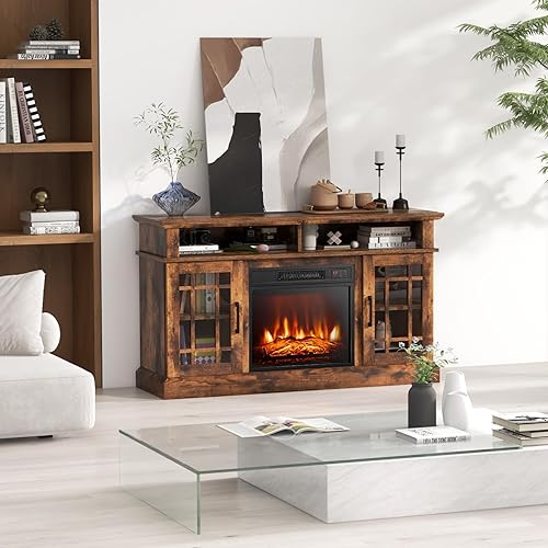 Miniatura 9 de GOFLAME Soporte de TV con chimenea para TV de hasta 55 pulgadas, centro de entretenimiento de madera independiente con chimenea eléctrica de 18