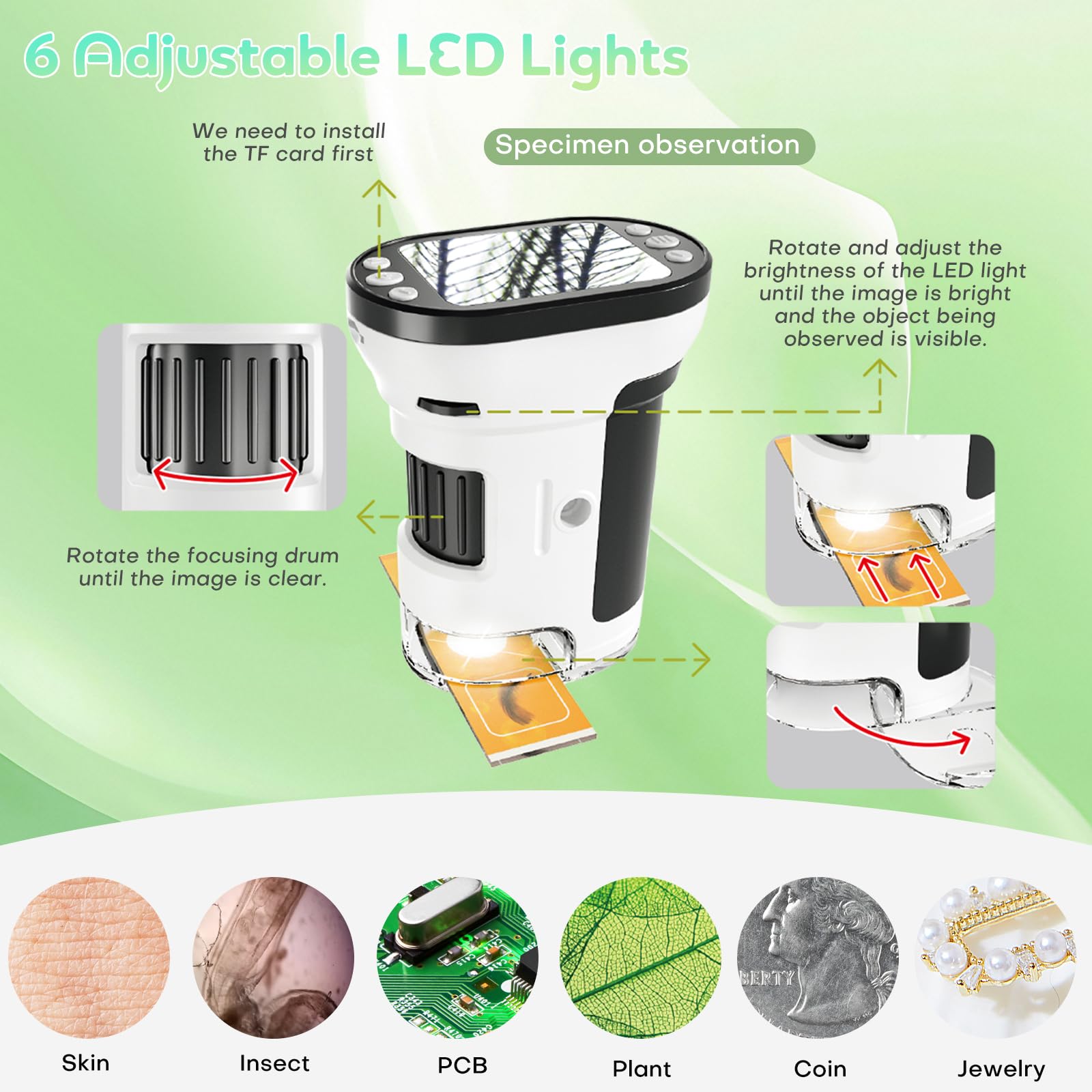 3 en 1 Microscopio Digital para Niños 1000X Portátil con Pantalla 2.0" 6 Luces LED Ajustables Incluye 14 Muestras Preparadas y Tarjeta de 32 GB Navidad y Cumpleaños