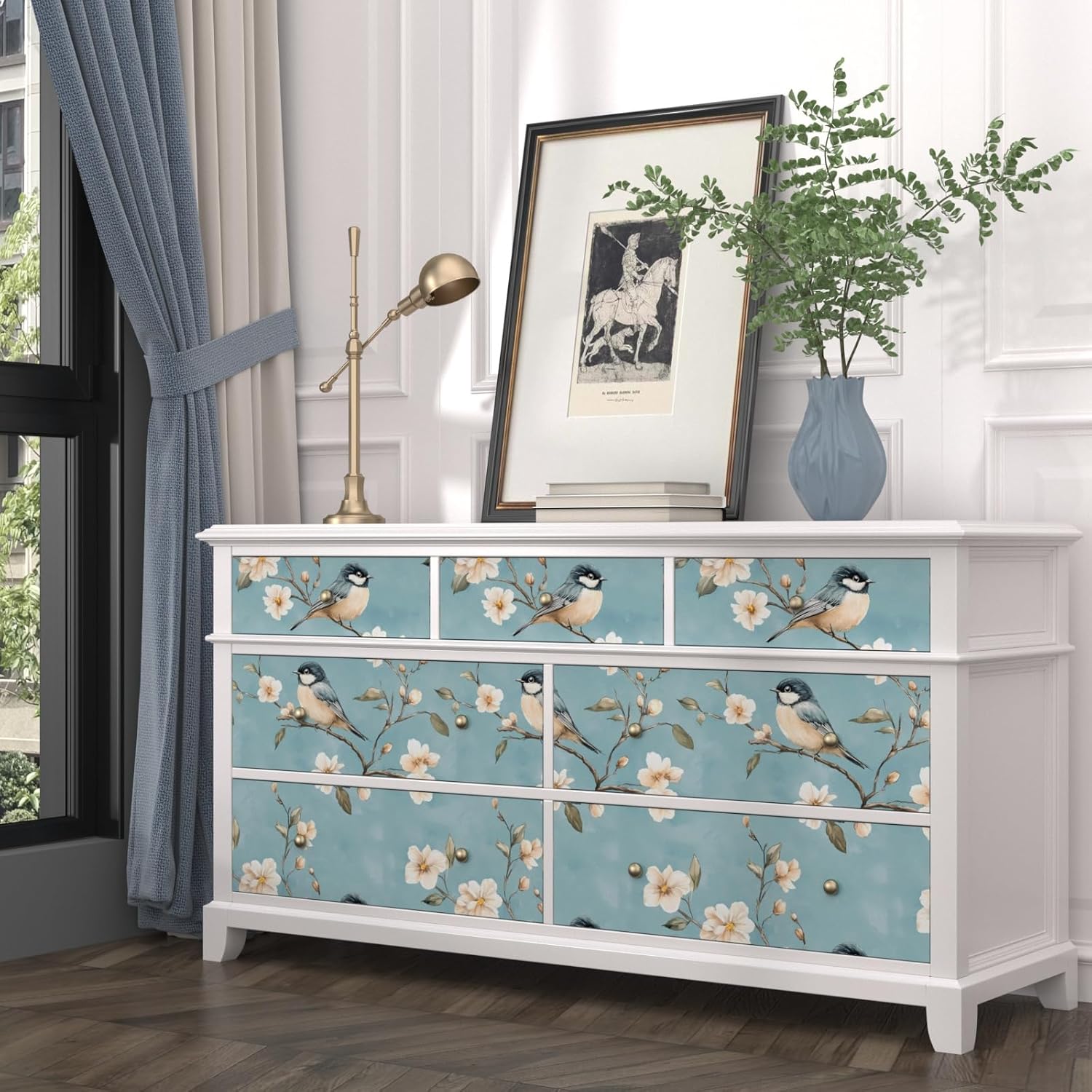 Bird Wallpaper Peel and Stick, Vintage Sky Blue/Beige Floral Contact Paper, Retro Botanical Wall Paper 17.5" x 118" Self Adhesive Removable Waterproof for Bedroom Walls Shelves Cabinet Drawer Table