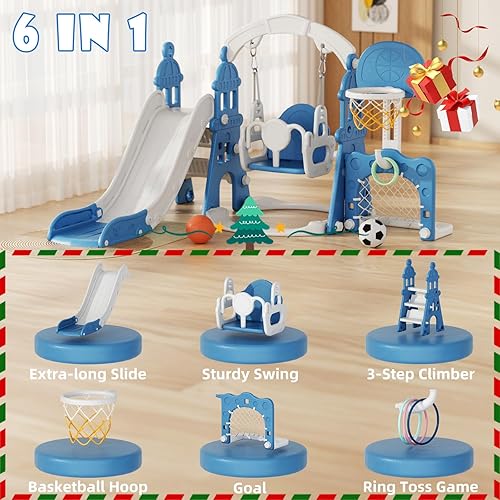 Miniatura 2 de XJD Juego de toboganes y columpios 6 en 1 para niños pequeños de 1 año, juego para exteriores con aro de baloncesto, marco de fútbol, columpio,