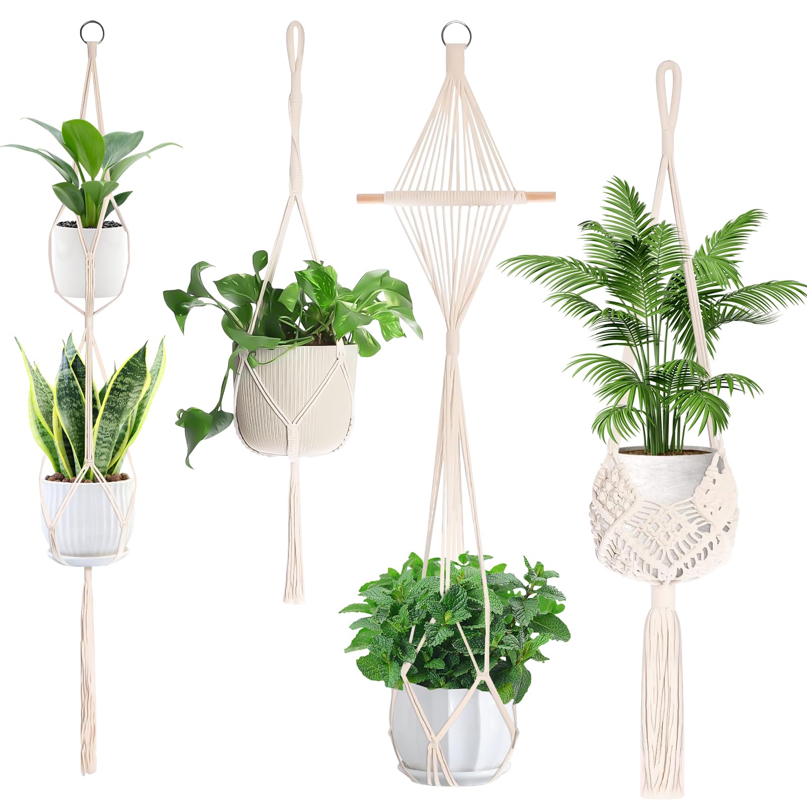 AKONE Makrama, wisząca wisząca makrama, makrama, dekoracja ścienna z haczykami, doniczka wisząca na rośliny, styl boho, wisząca doniczka do ogrodu, na balkon, dekoracja ścienna, 4 sztuki