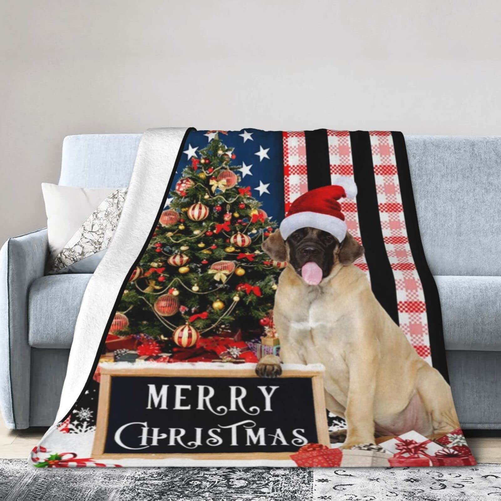 Lsjuee Christmas Flannel Fleece Blanket 60"X50" Merry Christmas English Mastiff Sofa Throw Blanket Lightweight Ultra-Soft Travel Winter Blankets for Kids Keep Warm