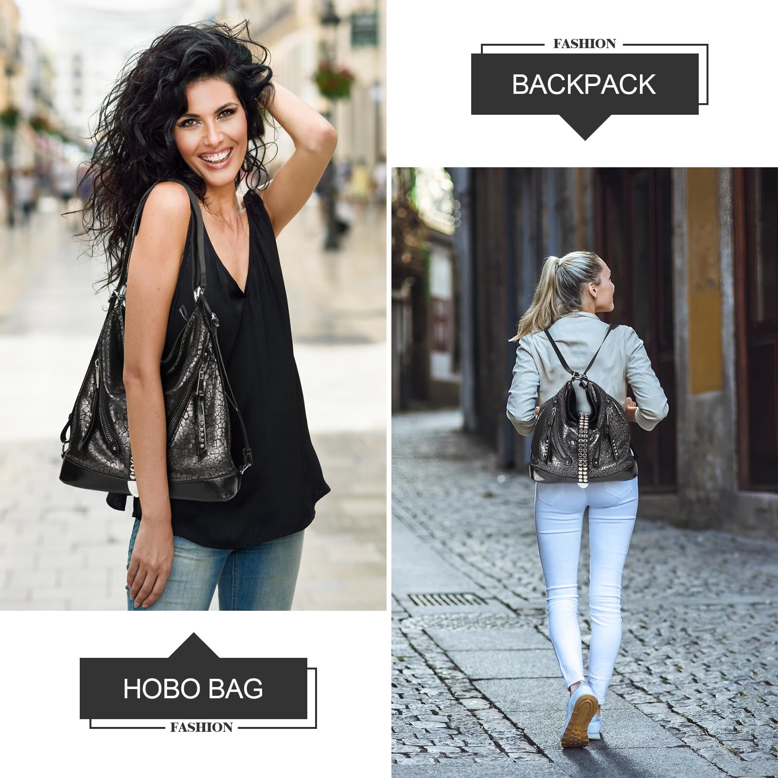 kalopar Hobo Bags for Women,Large Shoulder Tote Bag for Women,Shiny Leather Trendy Purse with Zipper,Fashion Convertible Backpack Purse (Black)