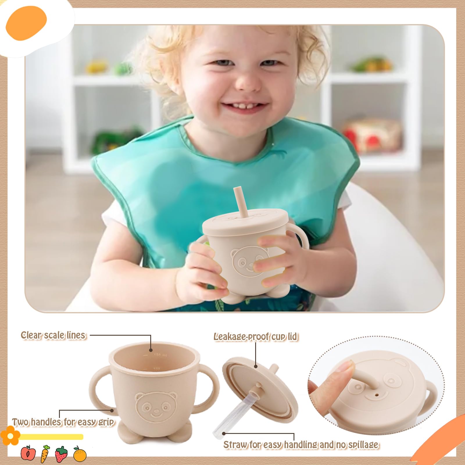 Assiette Bébé Set Avec Ventouse Assiette Bol Cuillere Fourchette Bavoir Tasse 6 Pièces Silicone