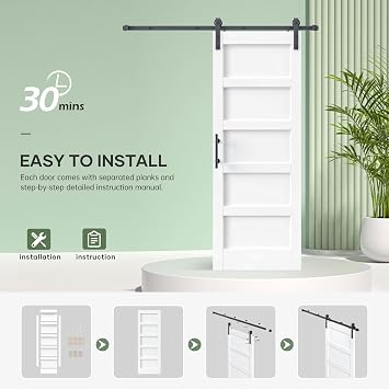 32x84 Inch White Sliding Barn Door Slab with 5.5ft Hardware Kit Included, 5-Panel, MDF Wood Panel Covered with Water-Proof Scratch-Proof PVC Surface, Simple DIY Assembly