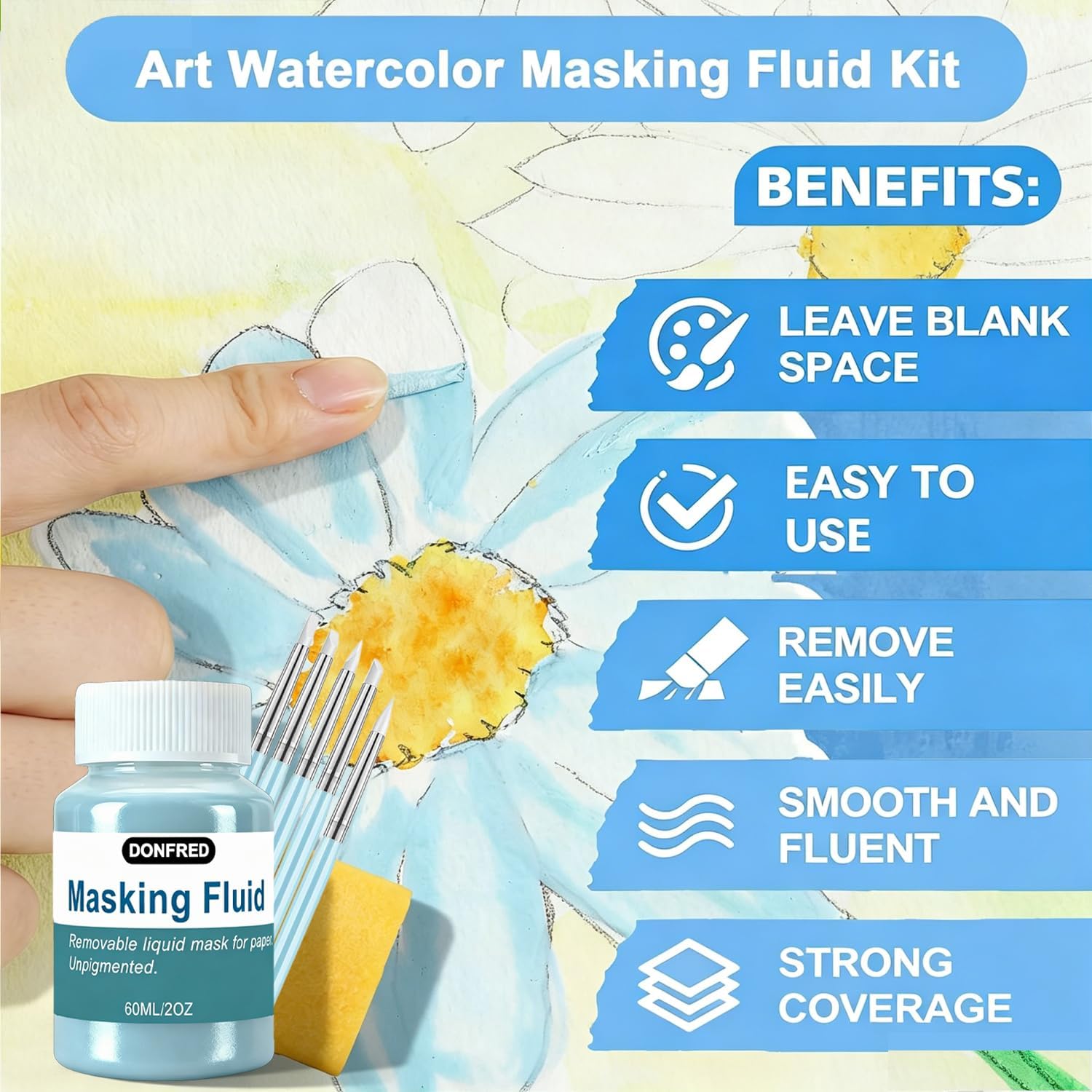 DONFRED Art Masking Fluid for Watercolor Painting, Blue/60ML