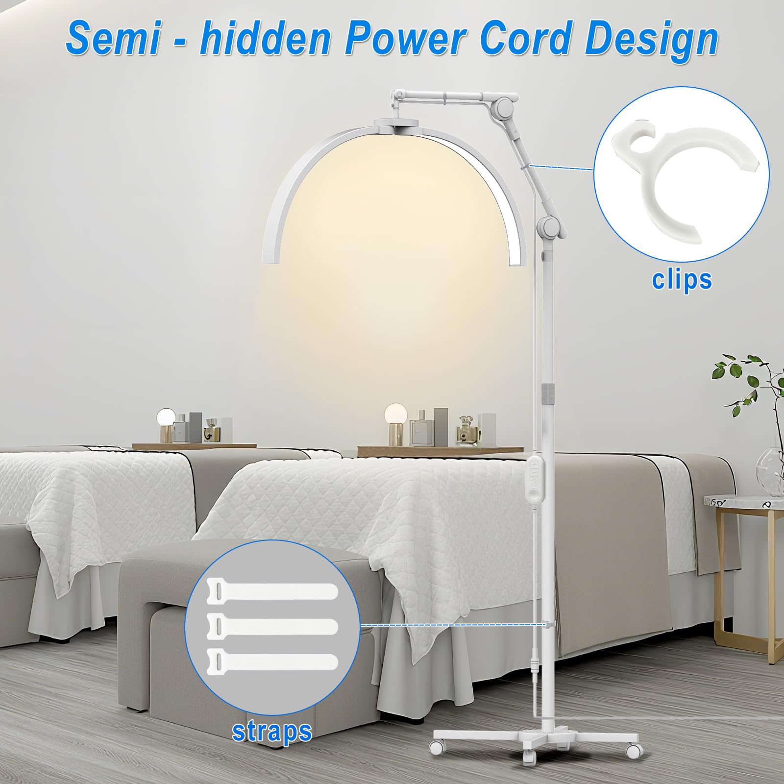 CGBE Lámpara Pestañas Media Luna de Pie: Lámpara Extensiones Pestañas con Soporte Teléfono - Base Rodante - Cabezal Giratorio 360° - Brillo y Altura Ajustables - para Pestañas/Cuidado de Piel/Tatuajes