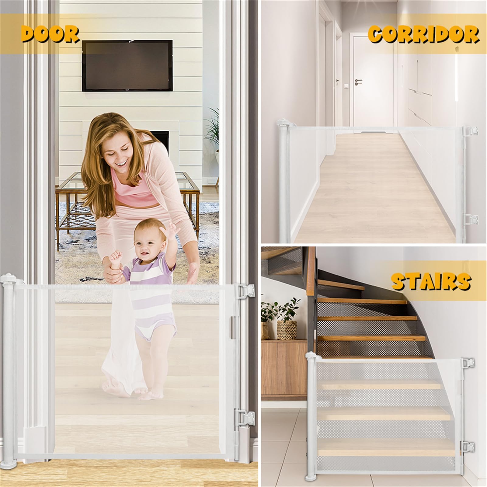 Barrera de seguridad extensible para bebés y perros, 86 cm de altura, 150 cm, color blanco