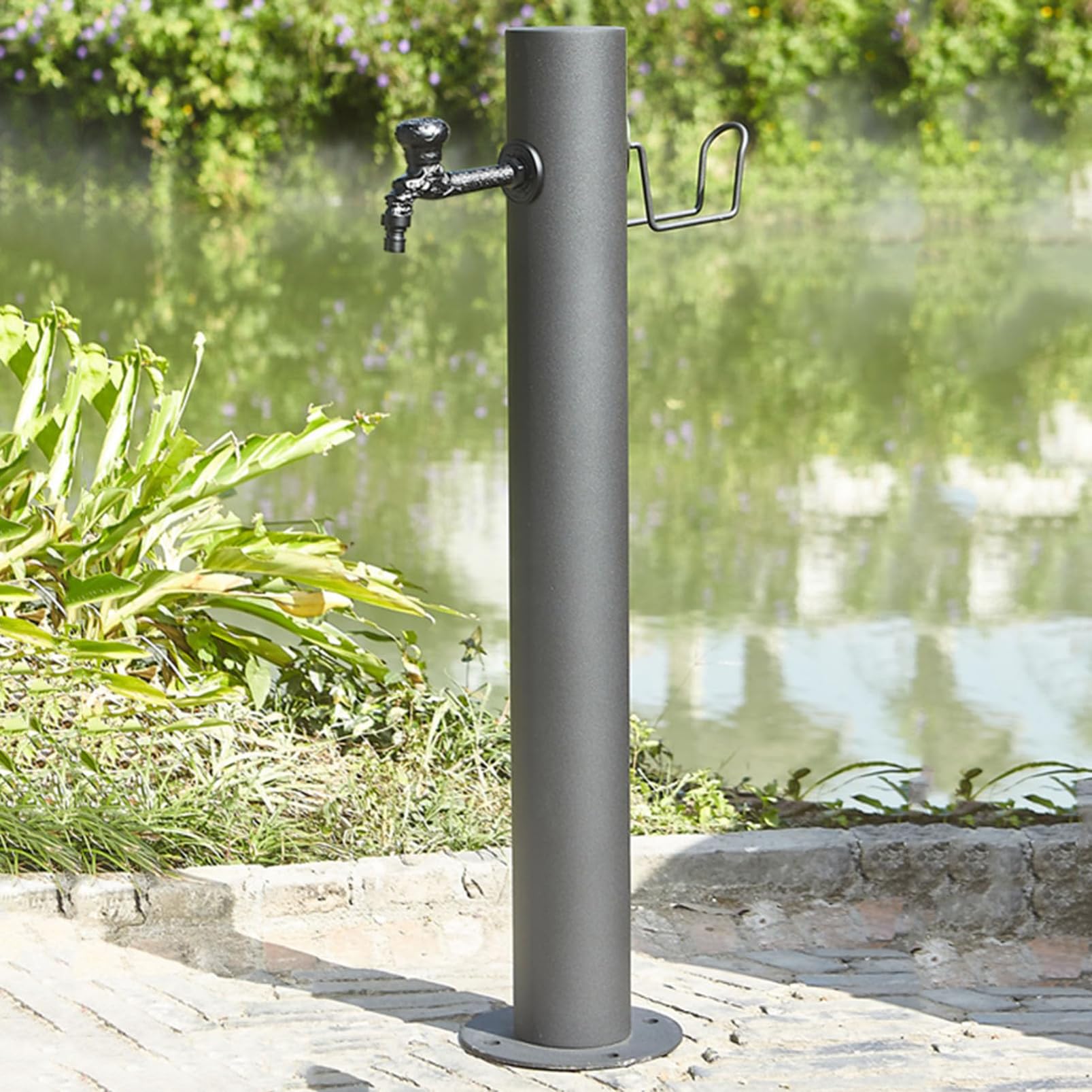 Garden Water Column Floor Mount Water Tap, Stainless Steel Cylindrical Vertical Garden Water Column With Hose Hanger Stand, Outdoor Yard Hydrant Frost Proof Water Feature,A-Height 86cm*Diameter 10.5c
