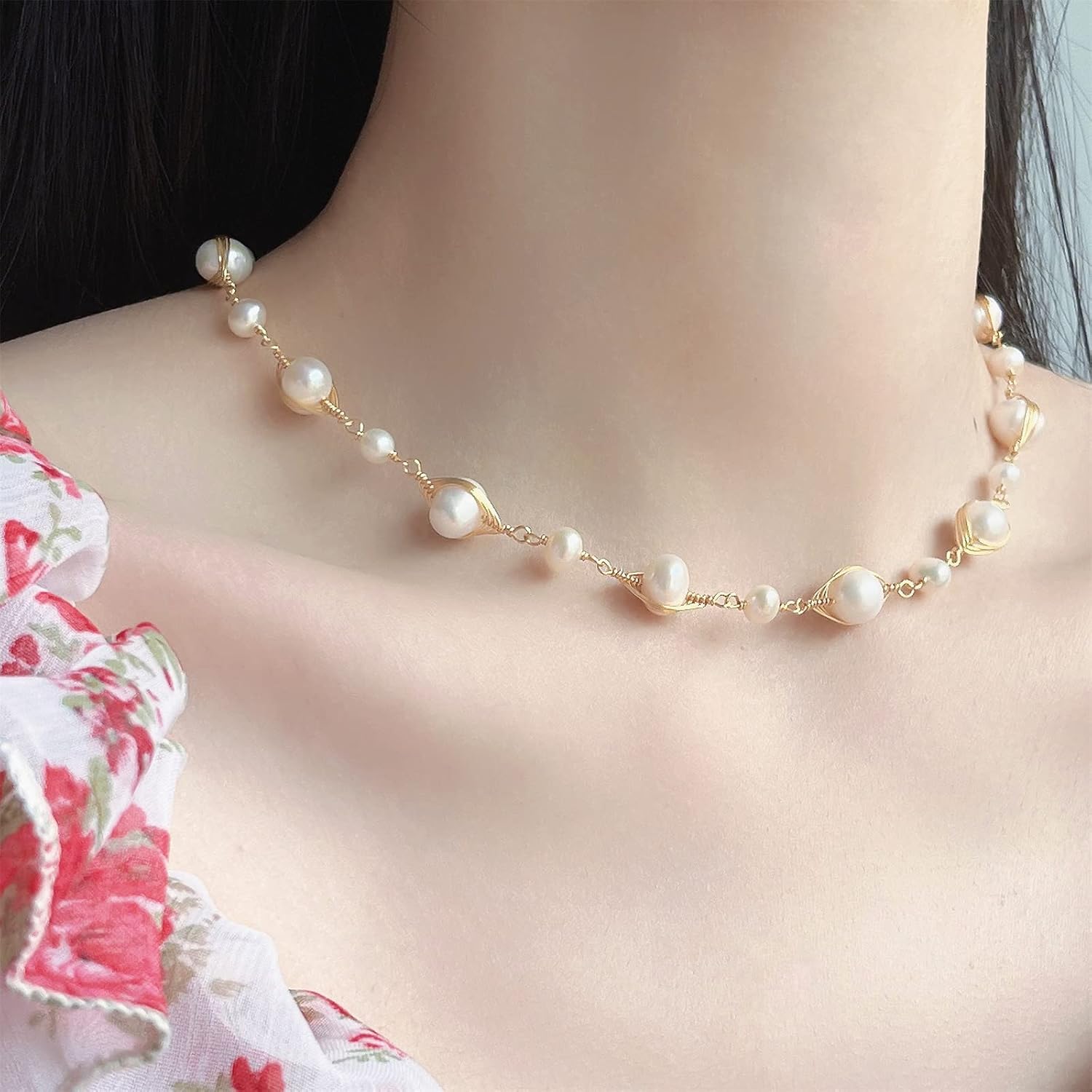Vintage Baroque Pearl Bead Choker Necklace for Women Dainty Freshwater Baroque Pearl Jewelry Chain Delicate Y-shaped Choker Gift for Mom Lover Her (14K Gold Plated)
