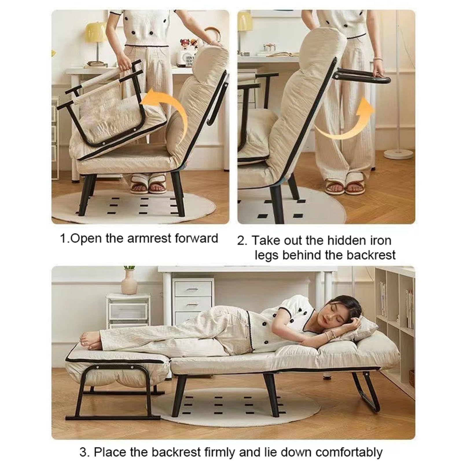 Poltrona Relax 2 in 1,Poltrona Salotto Imbottita Trasformabile in Lettino,con Schienale Reclinabile,Tessuto Tecnico,Struttura in Metallo per Soggiorno e Ufficio B,55cm