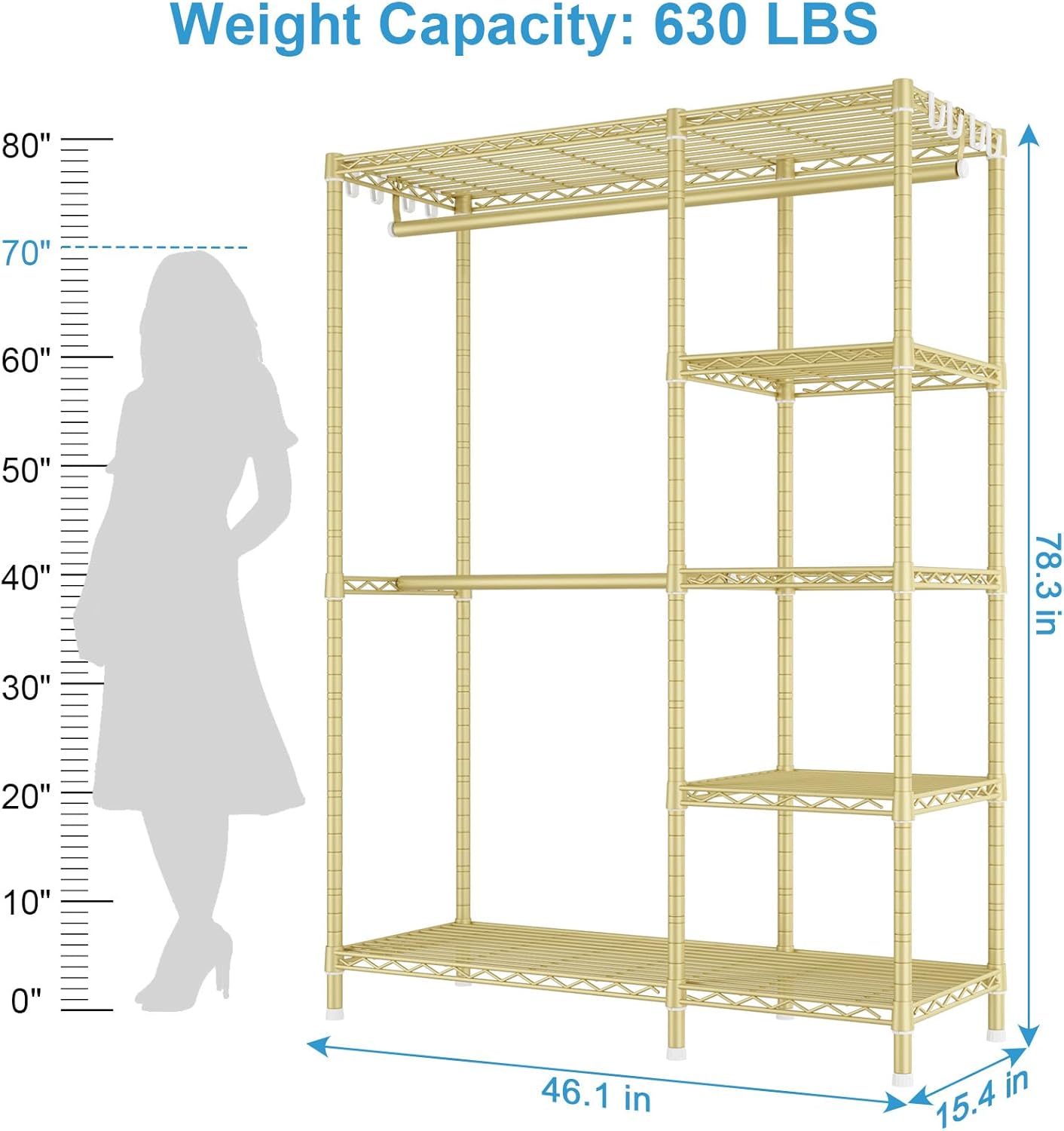 Ulif F2 Clothes Rack, 5 Tiers Heavy Duty Garment Rack for Bedroom, Freestanding Adjustable Closet Storage Organizer, 46.1" W x 15.4" D x 78.3" H, Load 630lbs, Upgraded Gold