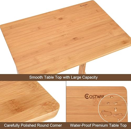 Miniatura 8 de COSTWAY Mesa auxiliar 100% de bambú, mesa auxiliar con bandeja de TV en forma de L, mesa auxiliar de aperitivos para computadora portátil con bolsa