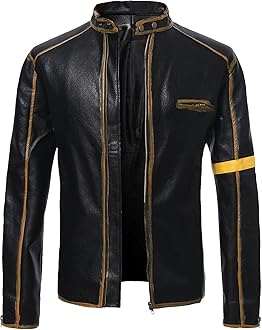 Men's Casual Jacket Striped Vintage Pilot Jacket Full Zip with Chest Pocket Denim Jacket Steampunk Jacket Medieval Stand-Up Collar Faux Leather Jacket Men's Slim Fit