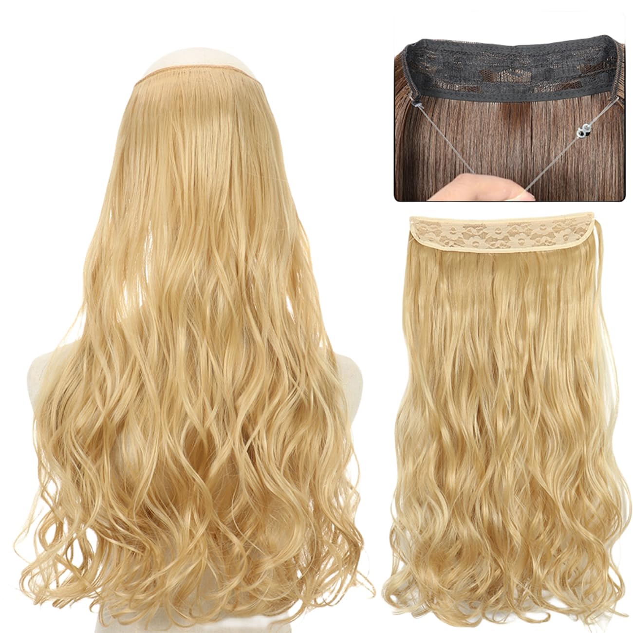 prinfantasy Hair Extension for Long Hair Resistant Fiber Soft Curly Fiber Line Metal buckle Adjustable Hairpiece Water Wave Seamless Golden Blonde Hair,MW228 - Image 3