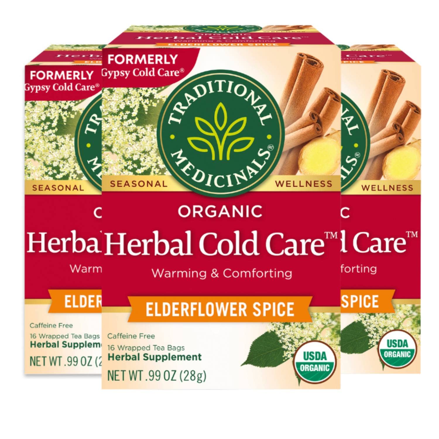 Traditional Medicinals Organic Herbal Cold Care Elderflower Spice Herbal Tea, Warm & Comforting Seasonal Wellness, 48 Tea Bags Total (Pack of 3)