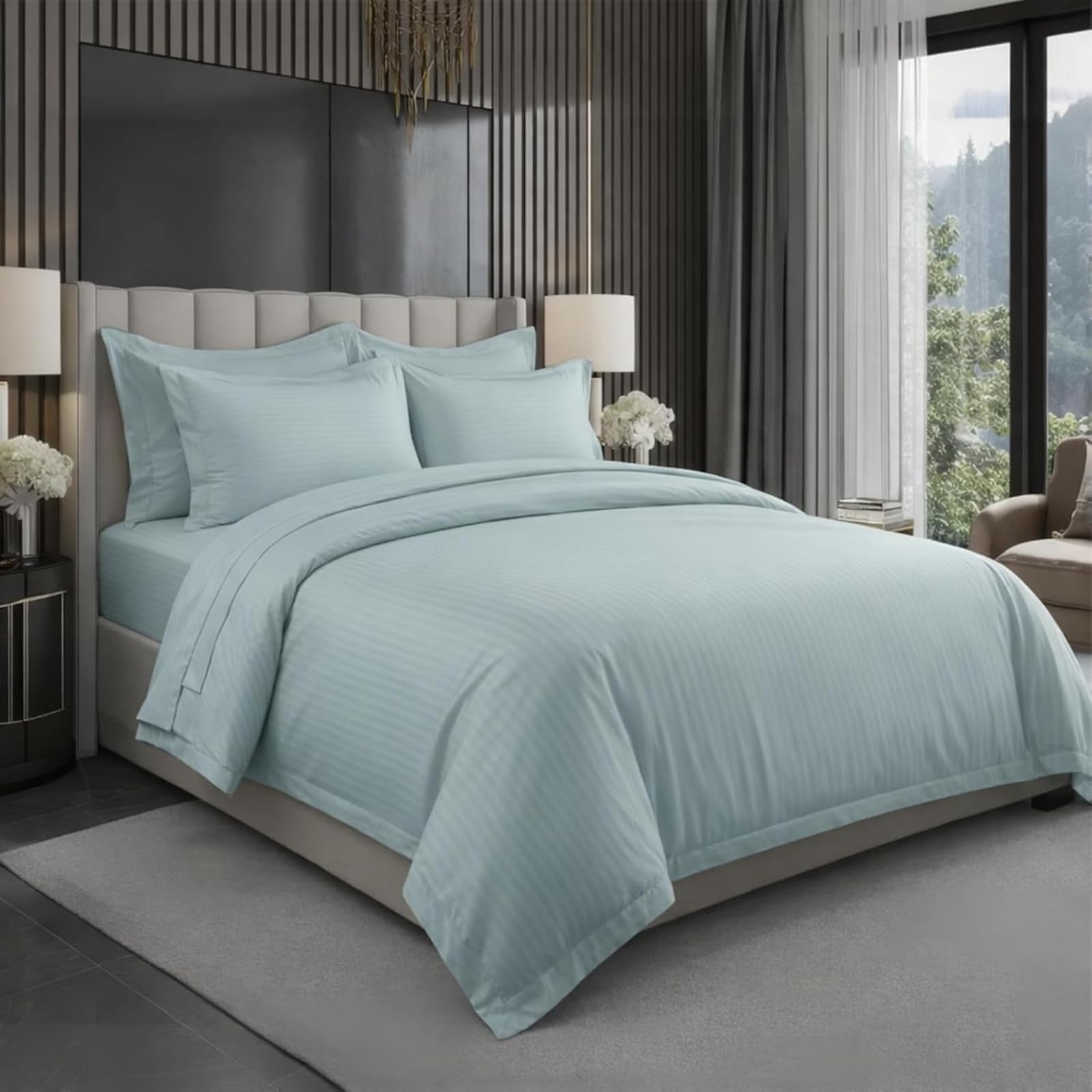 EliteEco 6Pcs Bed Sheet Super King Size Set with Duvet Cover 240x260 Microfiber Bed Sheets Bedding Set Includes 1 Fitted Sheet, 1 Quilt Cover & 4 Pillows Cases Black (Pastel Green)
