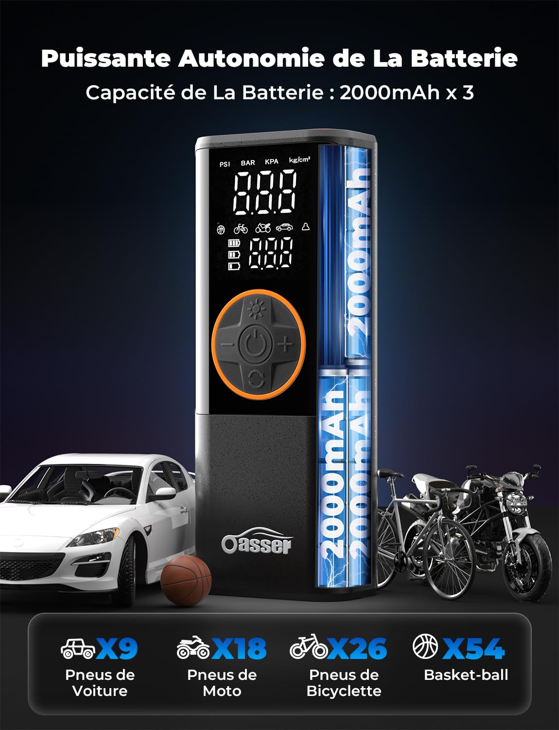 Oasser Gonfleur Pneus Voiture sans Fil 6000mAh Mini Compresseur à Air Portatif 150 PSI (10,3 Bar) Inflation Rapide Cylindre 19 mm Affiche 2 Valeur avec 3M Allume-Cigare 12V et Sac de Rangement