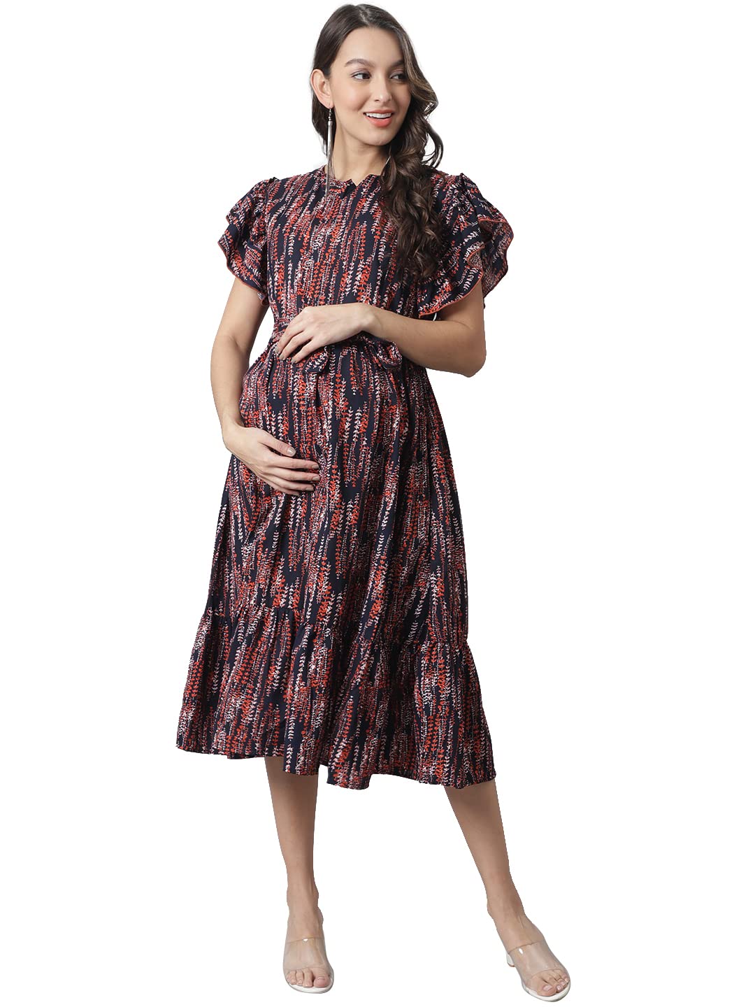 Women's Crepe Maternity Midi Dress/Floral Print Pregnancy Dress/Navy Blue Easy Breast Feeding Dress/Western Dress with Zipper for Nursing Pre and Post Pregnancy-image-37