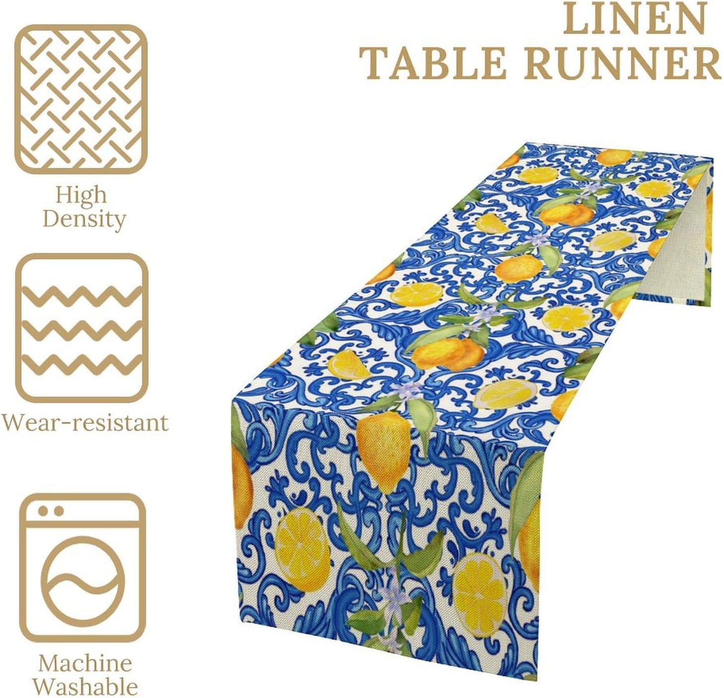 Italy Blue Tile Lemon Table Runner, Italian Navy Blue Burlap Watercolor Lemon Olive Summer Fruit Dinner Table Runners Farmhouse Coffee Table Home Kitchen Dresser Decor for Party Holiday 13"x120"
