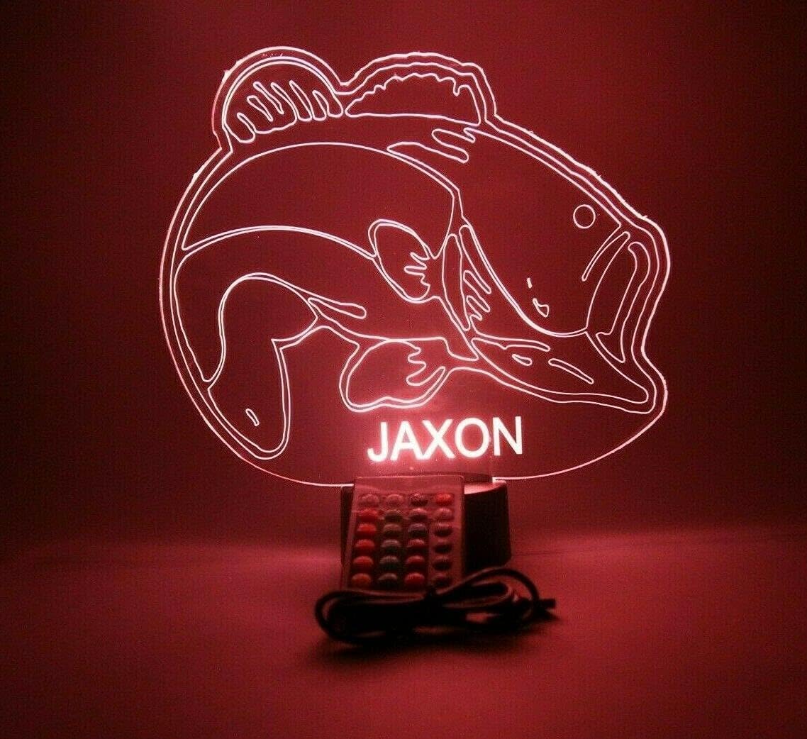 MIRROR MANIA Fish Sea Bass Gone Fishing Fisherman Night Light Up Lamp LED Personalized Engraved Desk Table Lamp, It's Wow, with Remote, 16 Color Options, Dimmer, Free Engraved, Great Gift