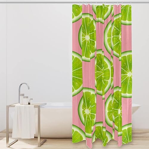 Miniatura 2 de KXO Cortina de ducha con diseño de lima fresca y verde con fondo rosa, impermeable, lavable, juego de cortinas de baño de poliéster con ganchos, 72