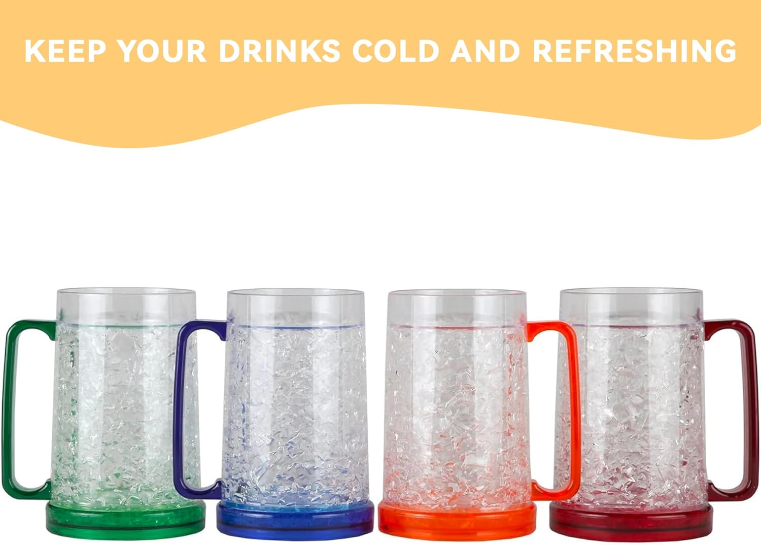 Lily's Home Freezer Beer Mugs, Set of 4-16oz Double Wall Gel-Filled Acrylic Frosty Stein, Break-Resistant with Color-Coded Handles for Home Bar, Pool Parties, BBQ & Outdoor Gifts