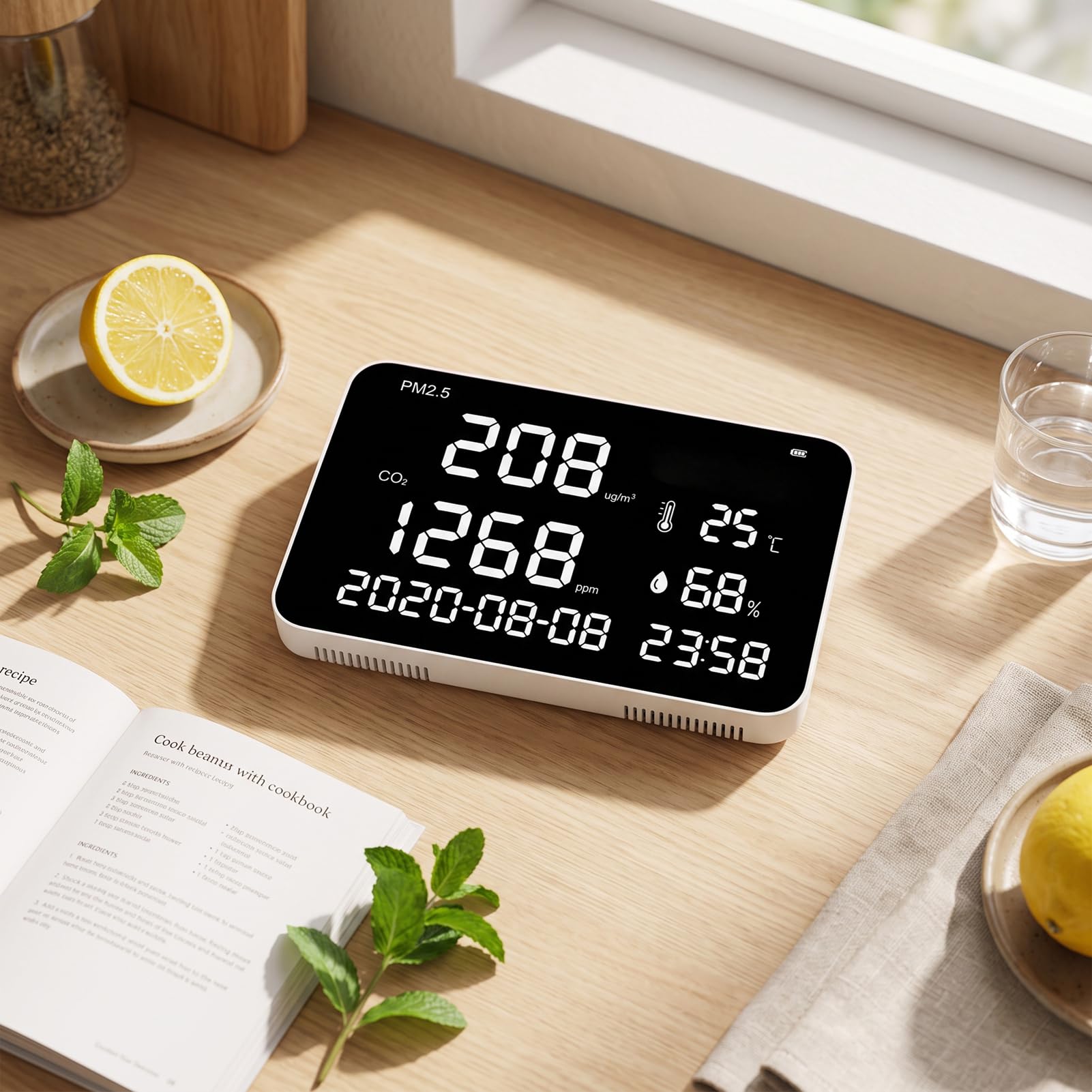 Fafeicy Monitor de Calidad del Aire Interior, Detector de CO2 Montado en la Pared ABS con Sensor NDIR, 400 a 5000 Ppm, Pantalla de Humedad de Temperatura PM2.5 para Dormitorio, Cocina,