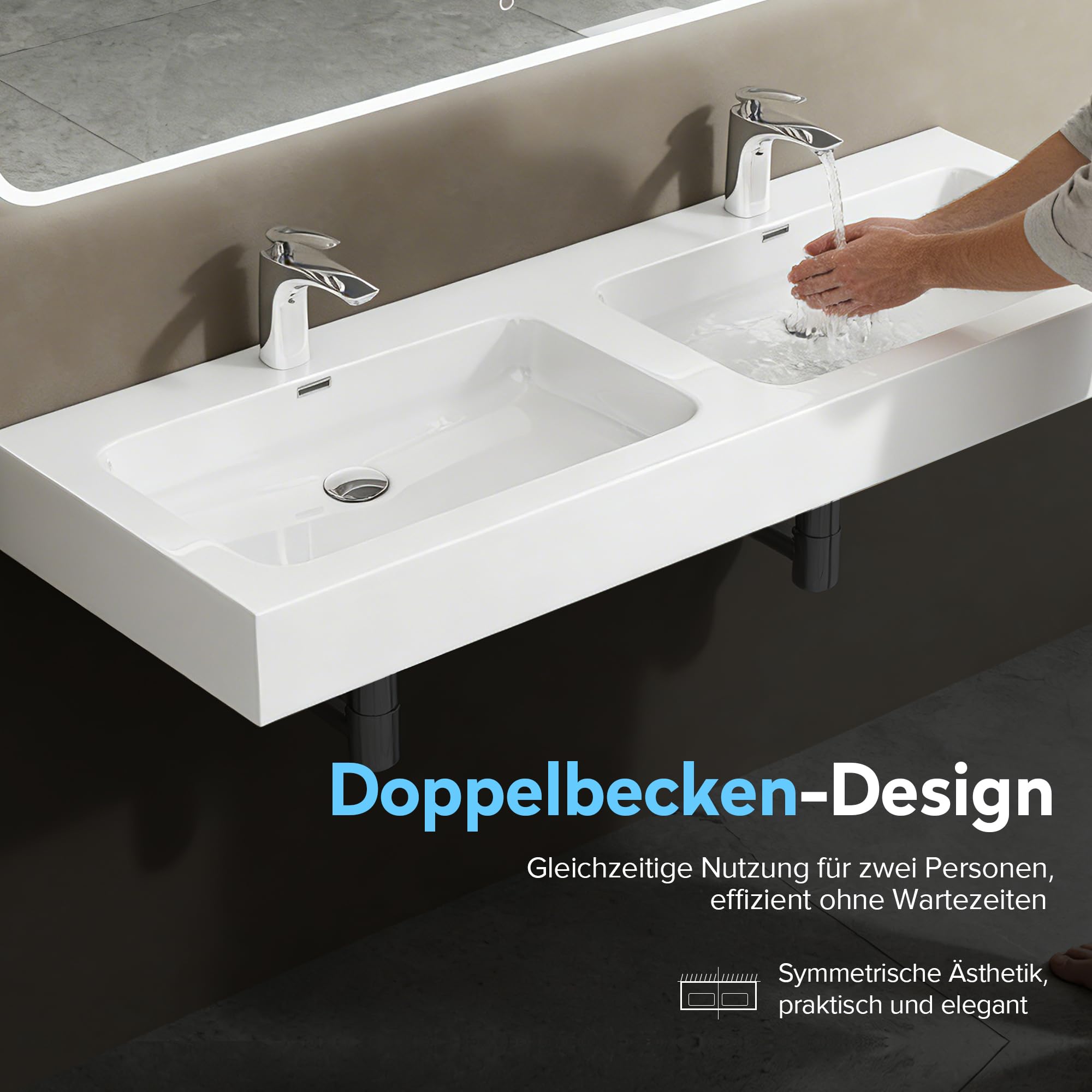 doporro Lavabo da Appoggio, Lavandino Bagno 140x48x13cm, Lavabo da Minerale Fuso Colossum830, due Fori per la Rubinetteria, Bianco Lucido