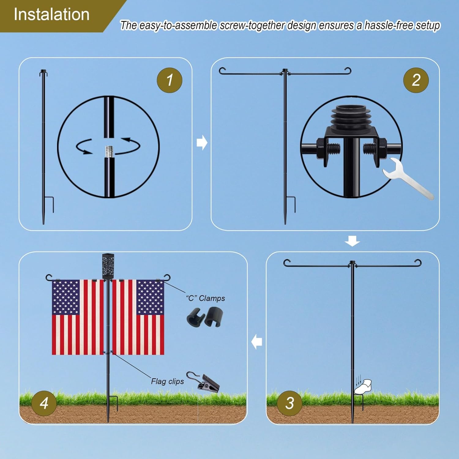 Garden Flag Stand Holder Pole with Flower Vase, Dual Arm Yard Flagpole for Cemetery Grave Decoration or Memorial Day, 39 inch,Black - Image 6