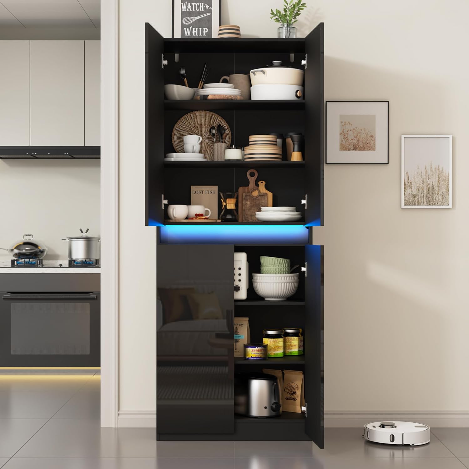 Furnify 71" Tall Pantry Storage Cabinet, Kitchen Pantry with High Gloss Doors, Modern Buffet Hutch Cabinet with Led Light and Adjustable Shelves for Dining Room, Living Room, Black