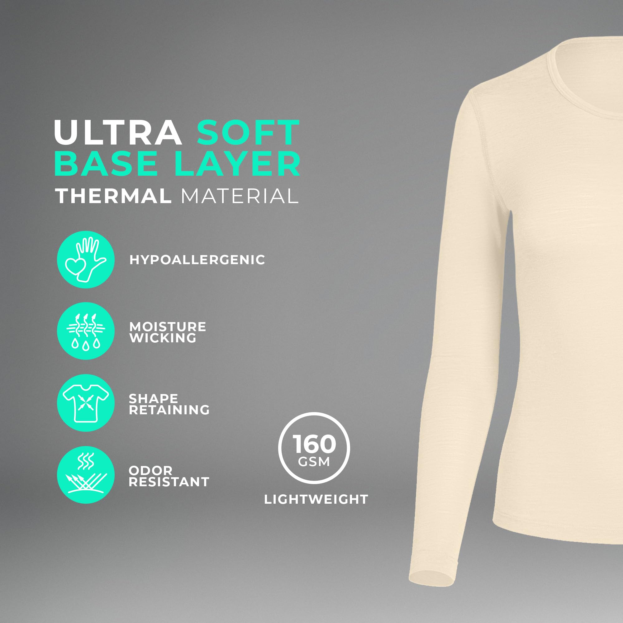 menique Camisa de manga larga para mujer, ligera, capa base, lana merino orgánica, 160 g/m², natural, S