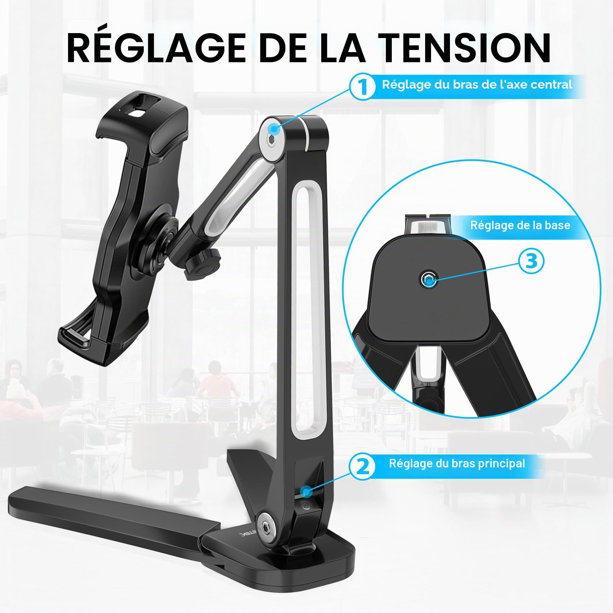 AboveTEK Support de Tablette Support 2 en 1 Mural et de Cuisine pour Tablette avec Rotation Multi-Angle de 360 degrés, Compatible avec iPad, iPhone, Samsung (4.7-13.5 Pouce) - Noir