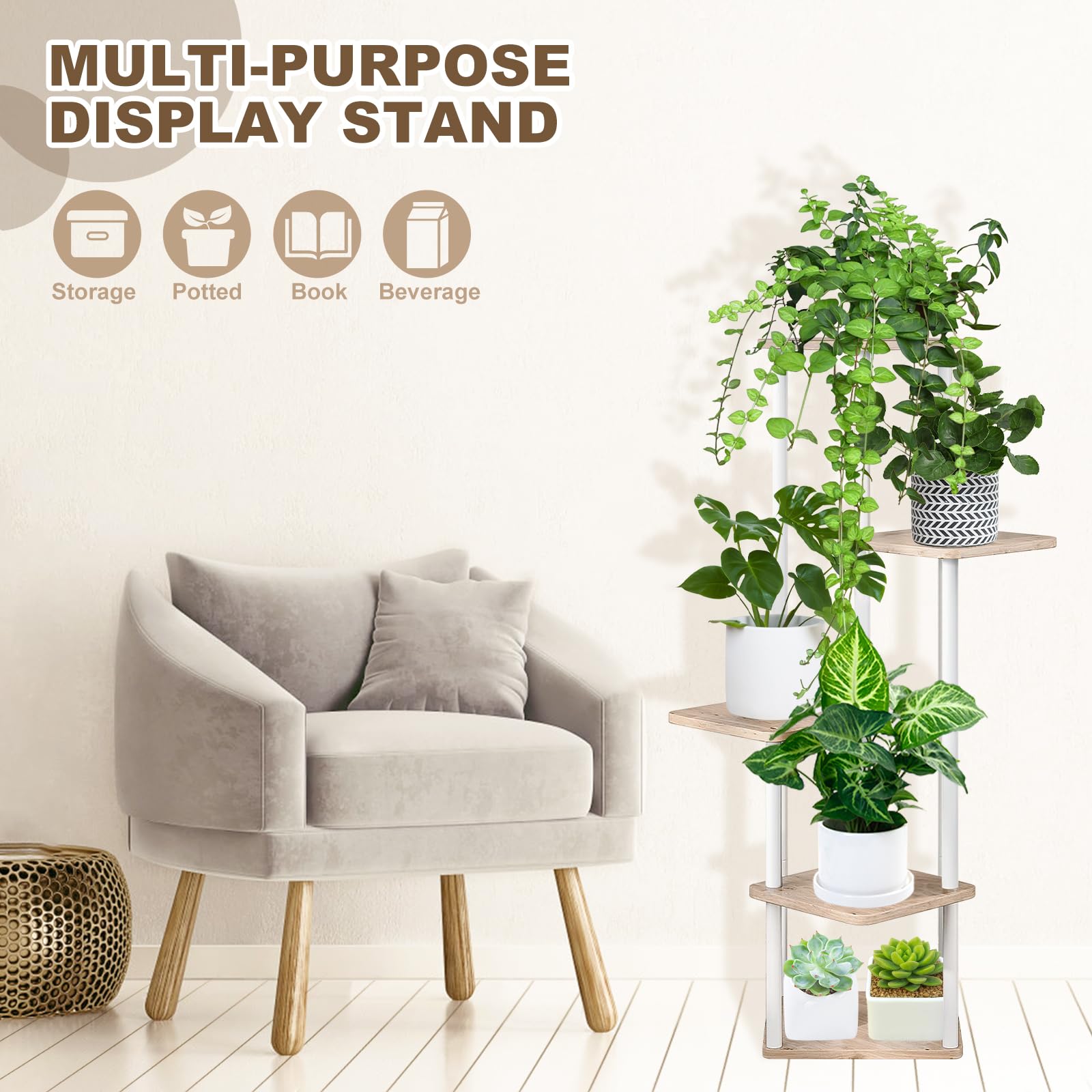 5-Tier Hölzern Blumenregal Pflanzenregal, Mehrstöckig Blumenständer Pflanzenständer Blumenbank Blumentreppe Pflanzentreppe Standregal für Innen Garten Balkon Deko (Weiß Eiche)