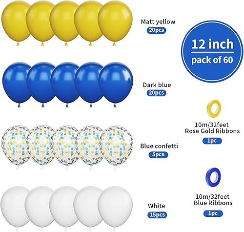 Miniatura 2 de Biapian Globos amarillos azules, 60 globos azules, amarillos y blancos, globos de confeti azul dorado de 12 pulgadas, globo de látex azul oscuro,