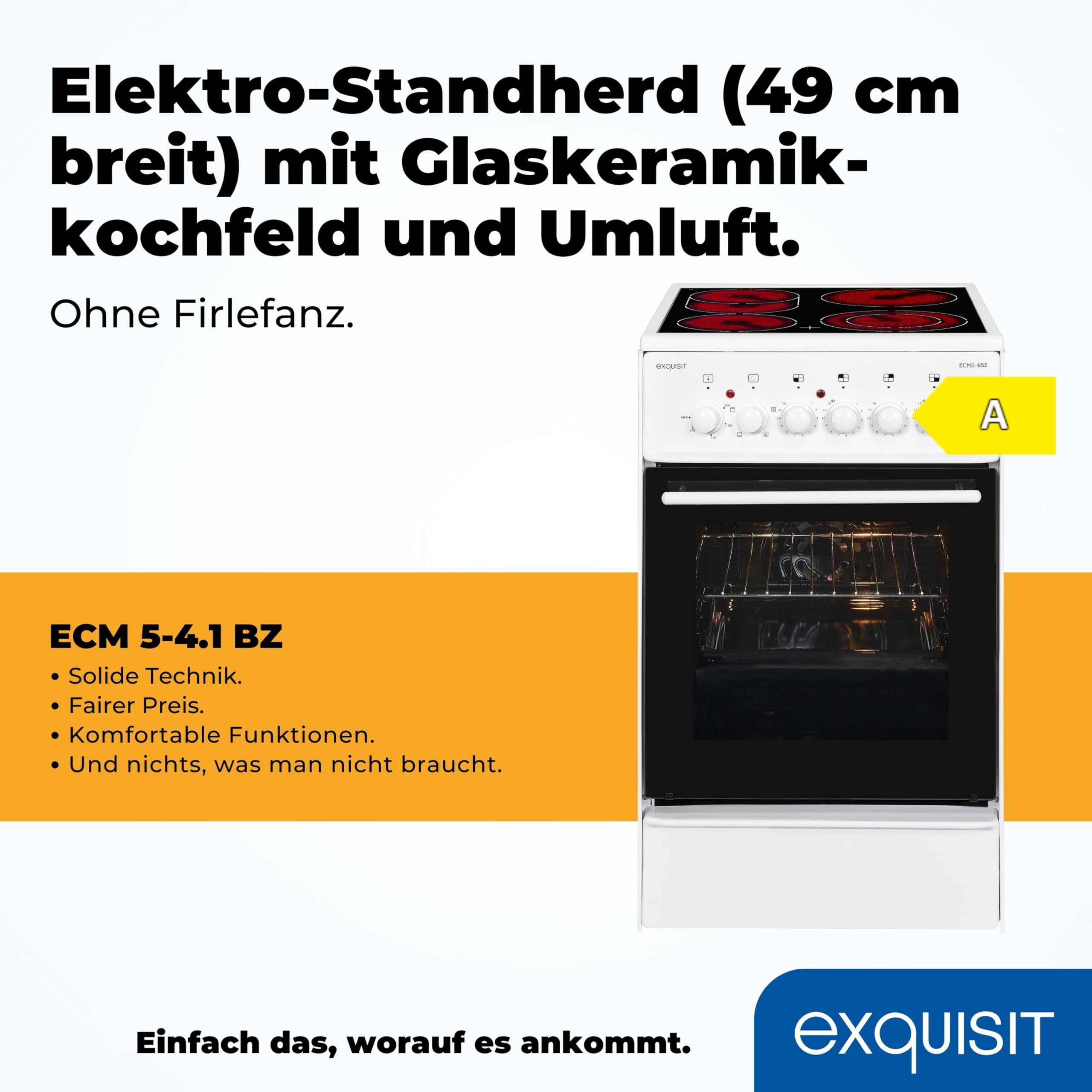 Exquisit Standherd 50 cm Elektroherd freistehend Glaskeramik-Kochfeld 2-Kreis-Bräterzone Backofen Umluft 46 Liter Energieklasse A Weiß
