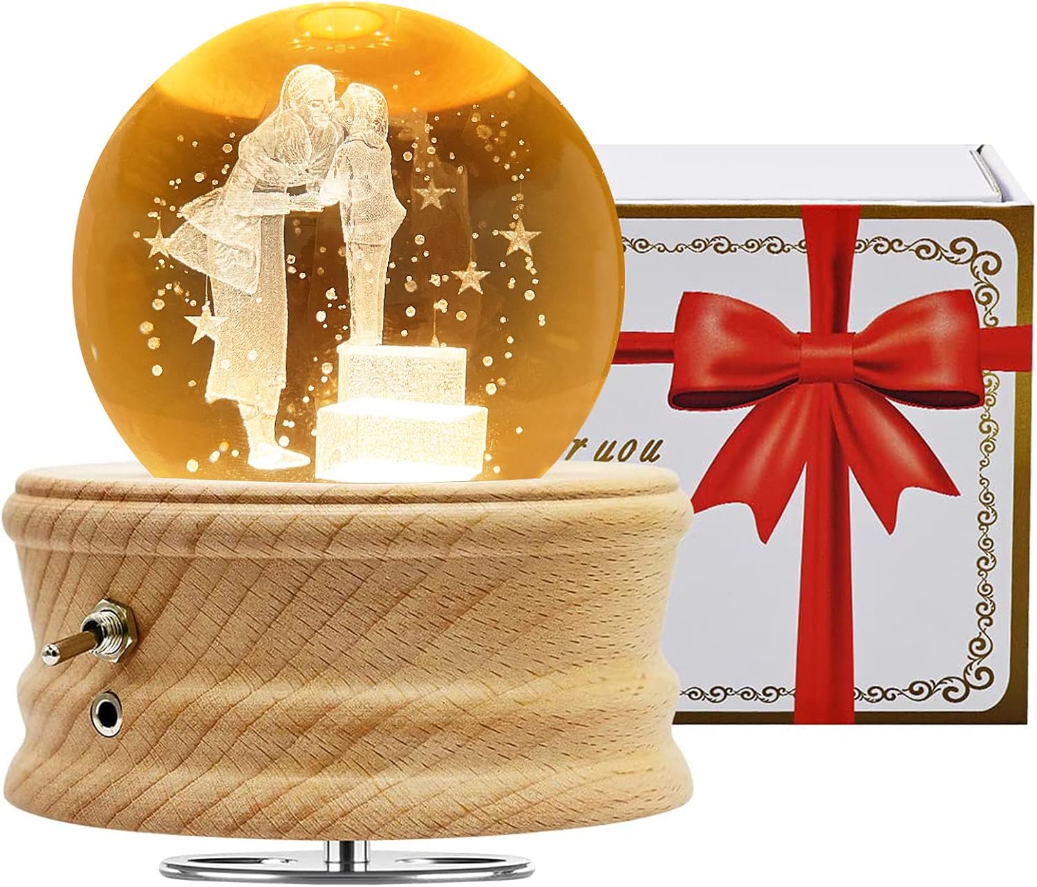 3D Crystal Ball Music Box with Projection LED Light and Rotating Wooden Base, Gift for Women, Birthday, Christmas, Music Boxes for Women Mom Daughter (Mother and Daughter)