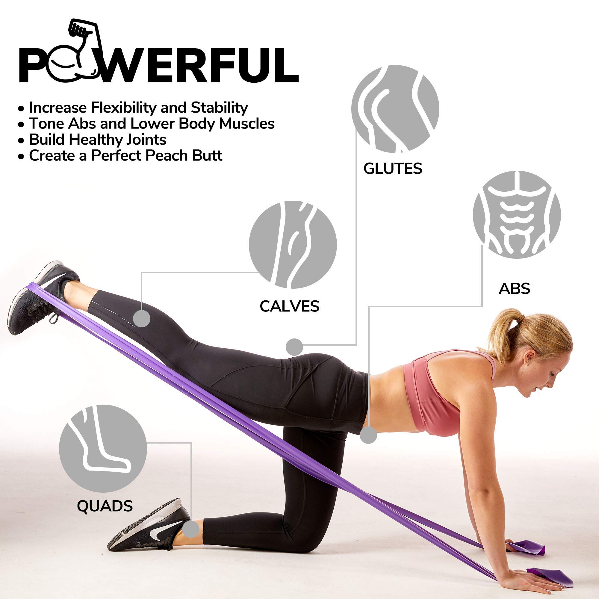 Fascia di resistenza piatta USA resistente viola 2,1 m di lunghezza. Senza lattice. Ancoraggio porta, custodia per il trasporto, e-book e app per iPhone inclusa, palestra, allenamento della forza, fisioterapia, yoga.