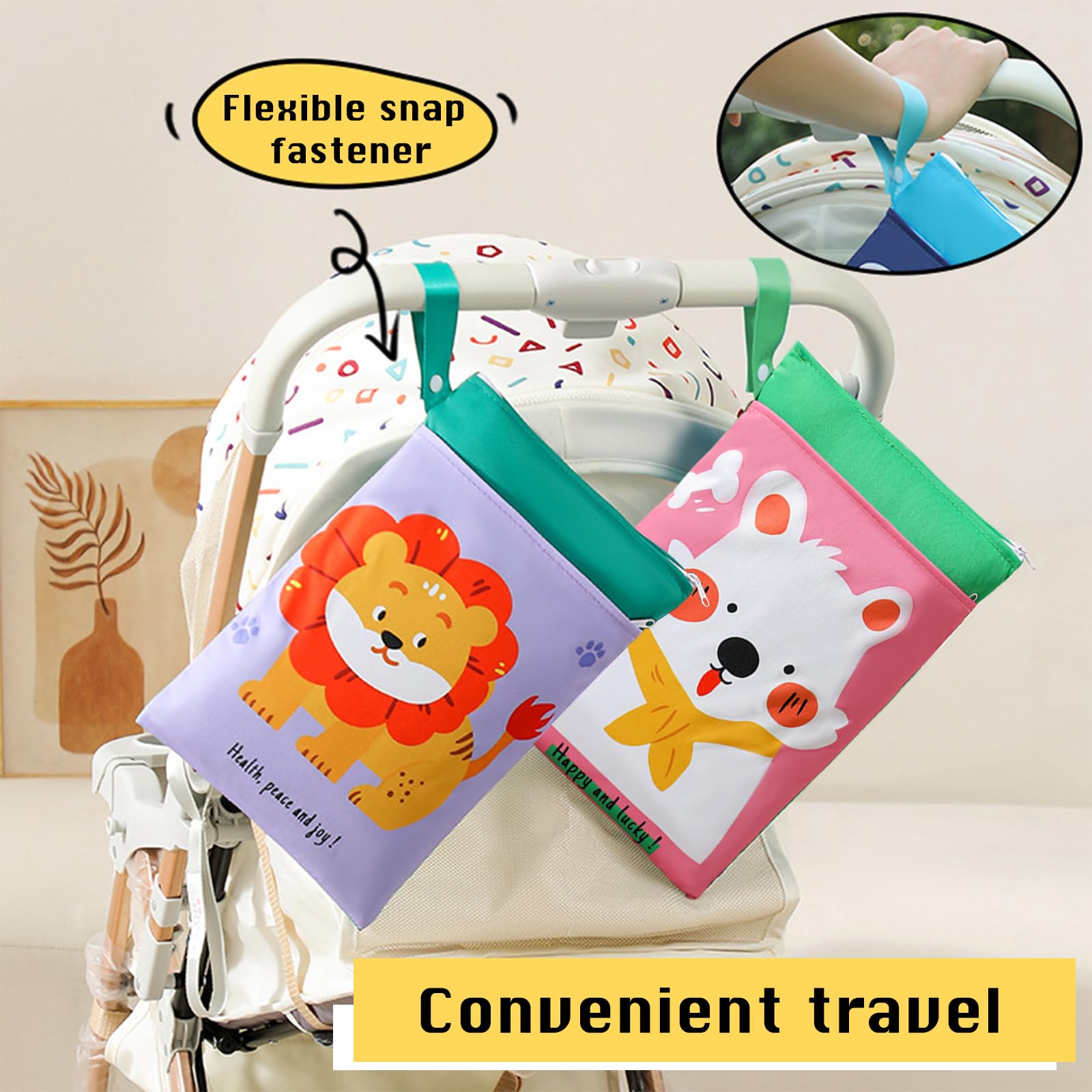 Borsa Porta Pannolini Impermeabile 2 Pezzi, Sacca Salviette Wet Bag con Zip, Animali Cartoni Animati, 2 Scomparti Viaggio Passeggino Spiaggia Piscina