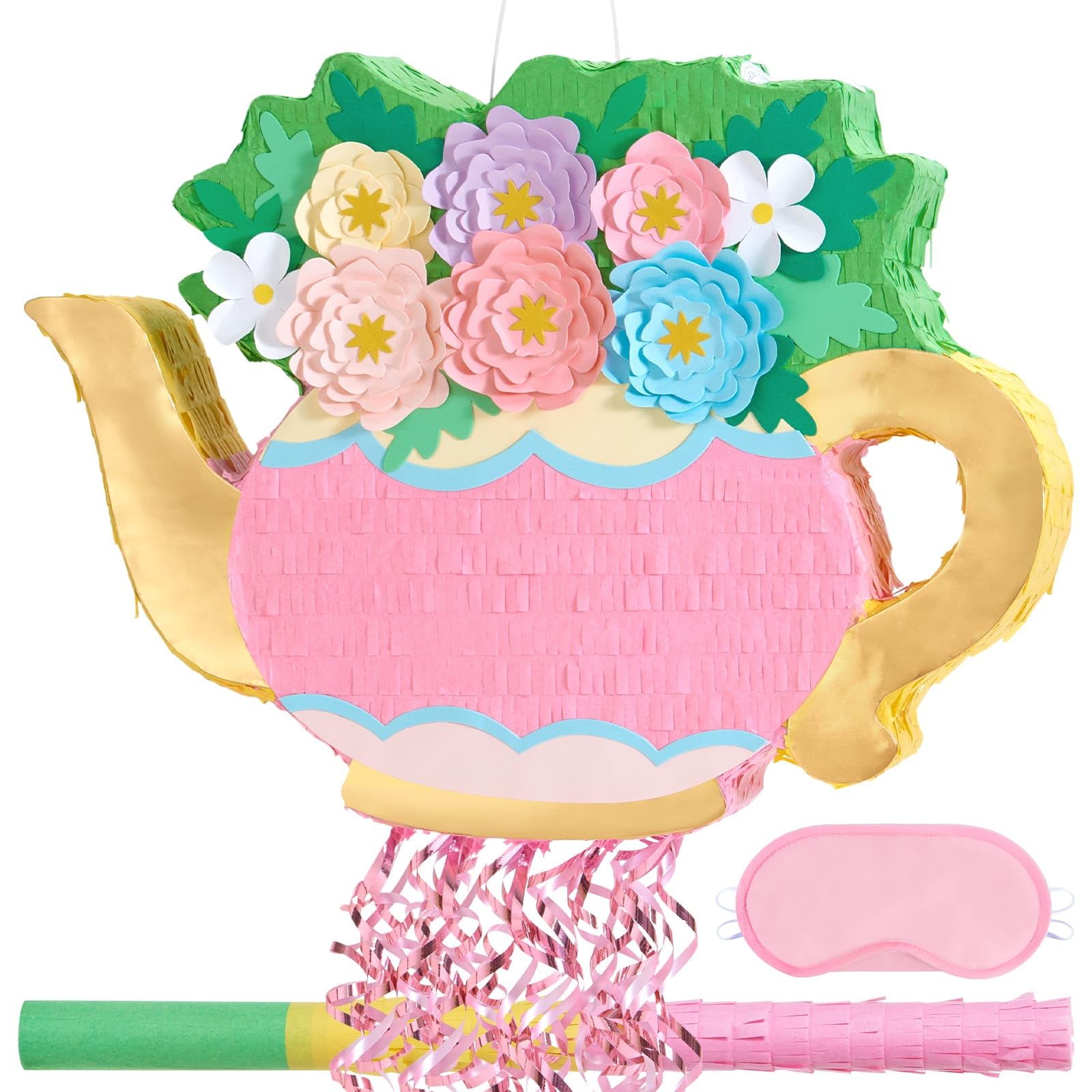 WERNNSAI Teapot Pinata - Tea Party Decoration Garden Flower Pinata for Afternoon Tea Party Decor Bridal Baby Shower Garden Party Supply Mother’s Birthday Favor with Blindfold Stick — image 1
