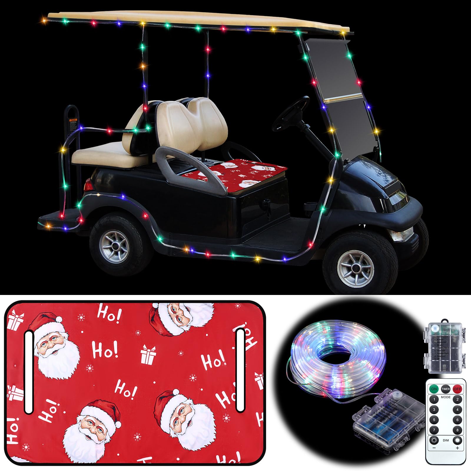 Cinnvoice 2 Pcs Christmas Golf Cart Decorations Christmas Golf Cart Seat Covers with Golf Cart Battery Operated String Lights Santa Blanket Golf Cart