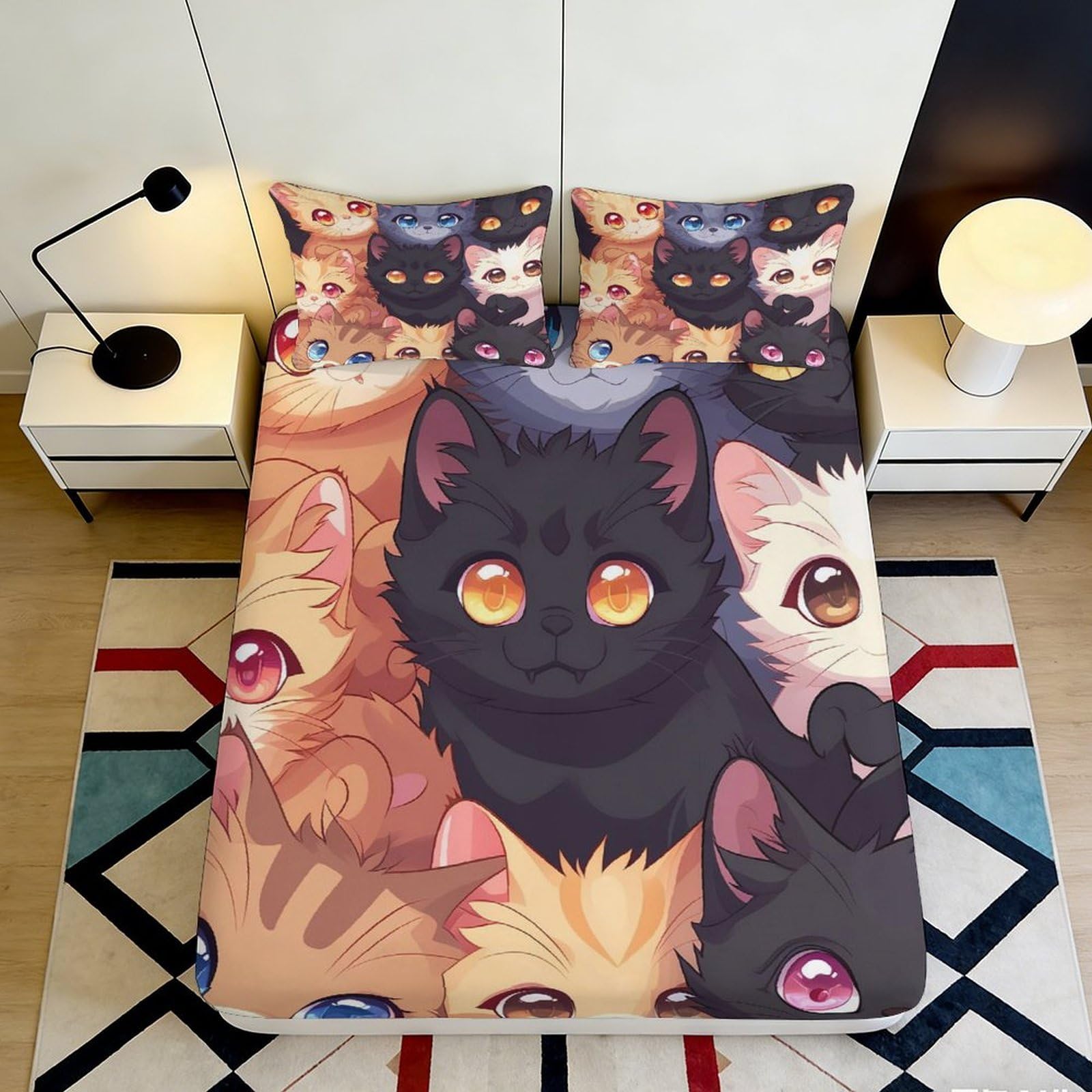 3D Printed Cartoon Cat Fitted Sheet Microfiber Soft Anti-Slip Cute Kitten Mattress Cover for Bedroom Dorm Room Decor 160x200x25cm