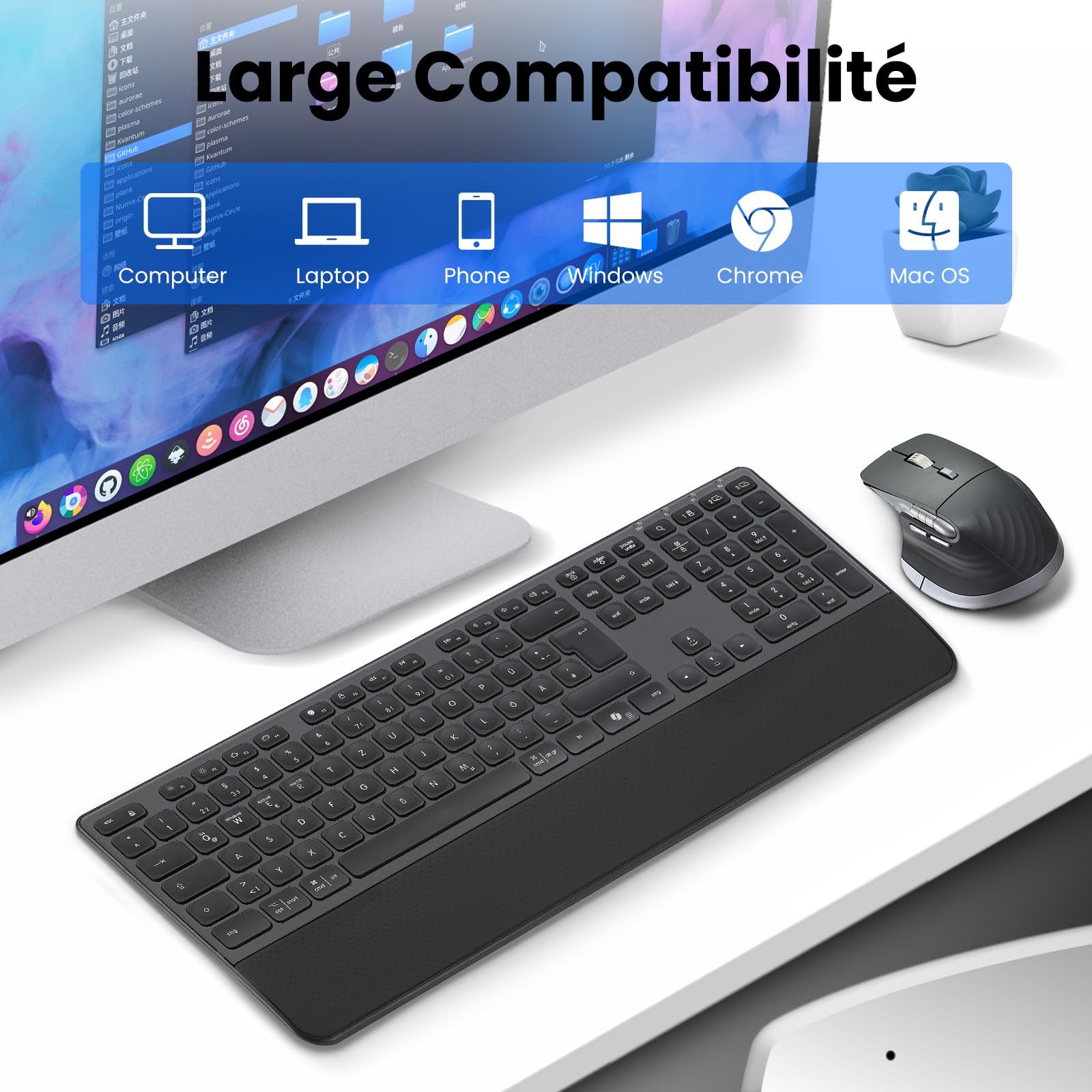 CITLLA M9100 Kabellose Tastatur Maus- Wiederaufladbare Ergonomische Tastatur mit Hintergrundbeleuchtung, Adjustable Ständer und Handgelenkstütze, Hyper Fast Scrolling Maus für Desktop PC Laptop(Grau)