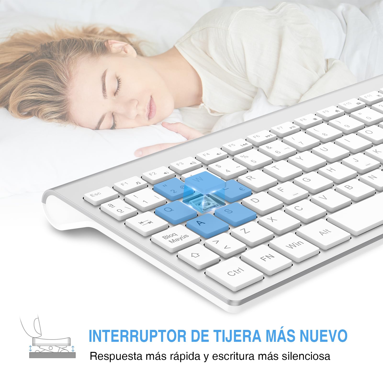 cimetech Combo Teclado y Ratón Inalambrico, 2.4G Teclado Raton Inalambrico Español 2 en 1 USB Ultra Delgado Silencioso Mouse, para PC/Laptops/Ordenador/Escritorio (Blanco y Plata)