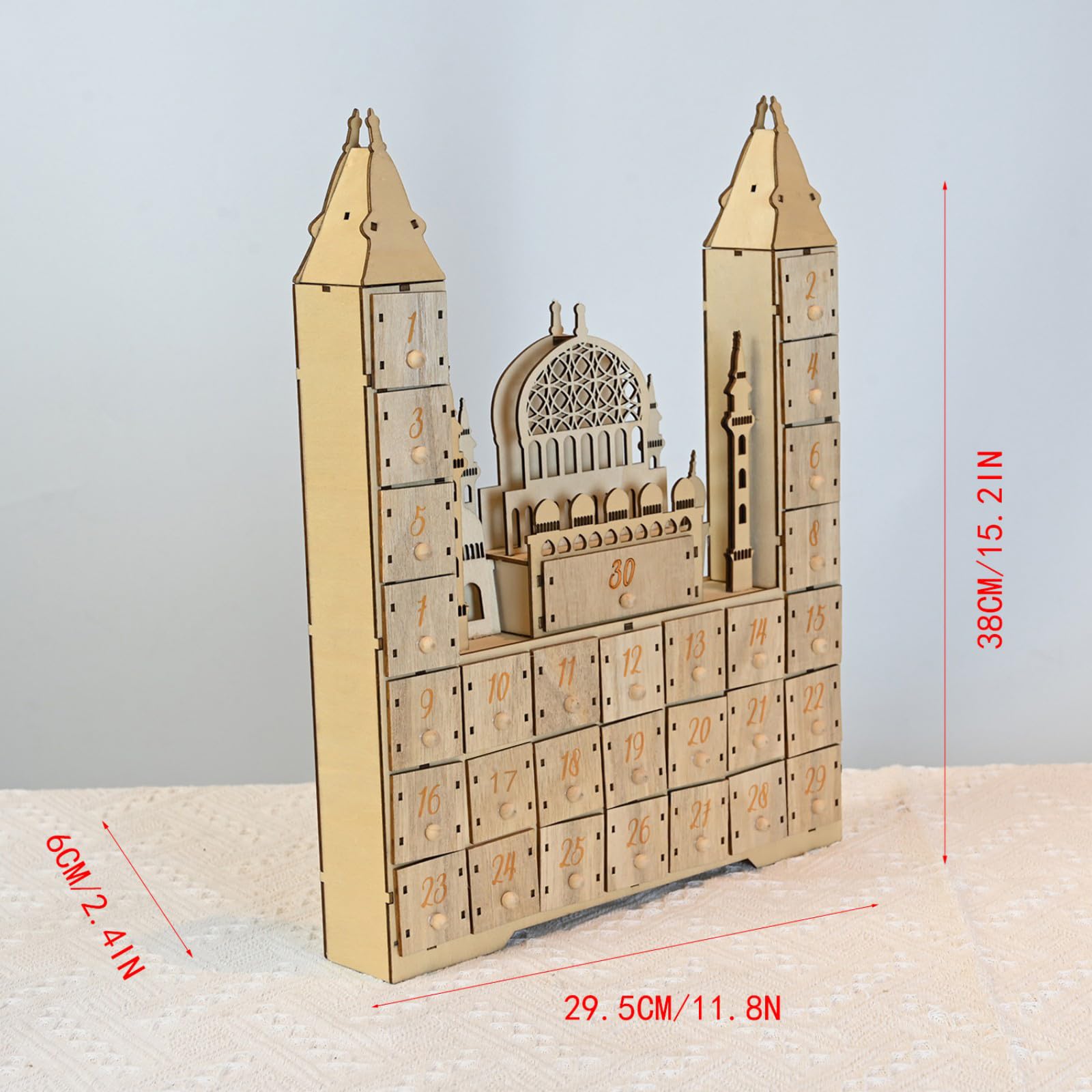 Calendario per conto alla rovescia dei castelli del Ramadan, con luce a LED e 30 cassetti, decorazioni per l'avvento in legno per feste islamiche