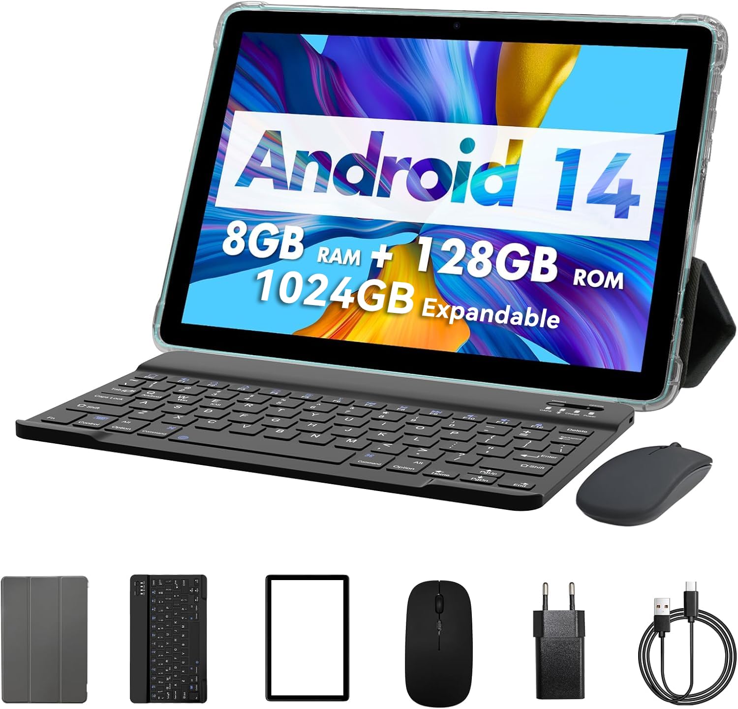 PRITOM 10-Zoll-Android-14,3-in-1-Tablets, 8 GB, 128 GB, erweiterbar auf 1024 GB, 8000 mAh, WLAN-Tablet, Qcta-Core-Prozessor, WLAN 6, Bluetooth, Tablet-PC mit Tasche, Tastatur, Mäusen, Teal