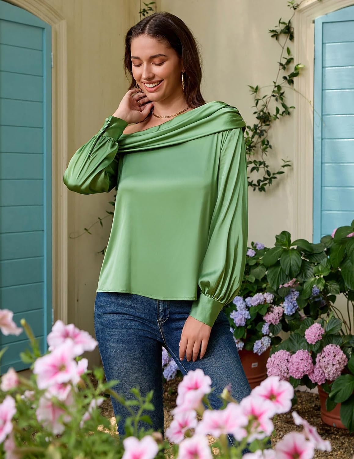 Miniatura 2 de GRACE KARIN Women Satin Tops 2023 Long Sleeve Off The Shoulder Blouse Elegant Evening Party Tops