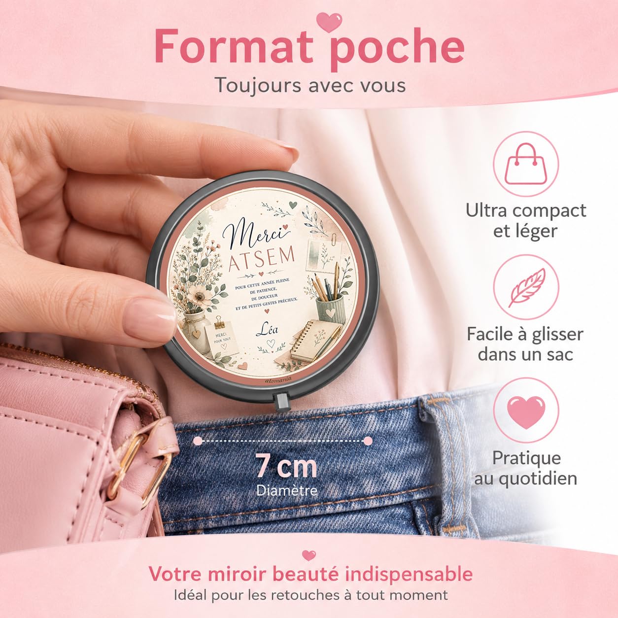 Miroir de Poche Merci ATSEM Personnalisé – Cadeau ATSEM Fin d'Année Scolaire avec Prénom – Cadeau Assistante Maternelle Élégant et Utile – Miroir Compact Femme
