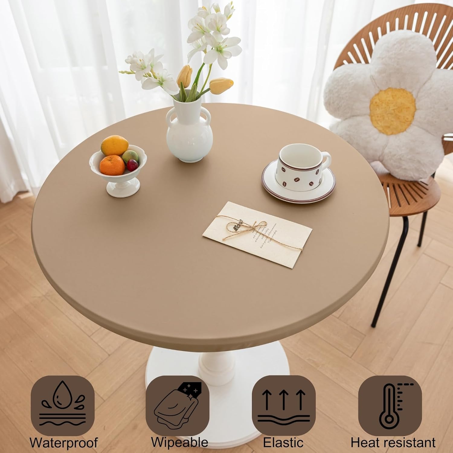 Round Fitted PU Tablecloth with High Elastic Edge 55 Inch Dia Waterproof Oil Proof Table Cloth Anti-scald Stain-Resistant Wipeable Table Cover for Indoor Outdoor Picnic (Cream Coffee,55"Dia)